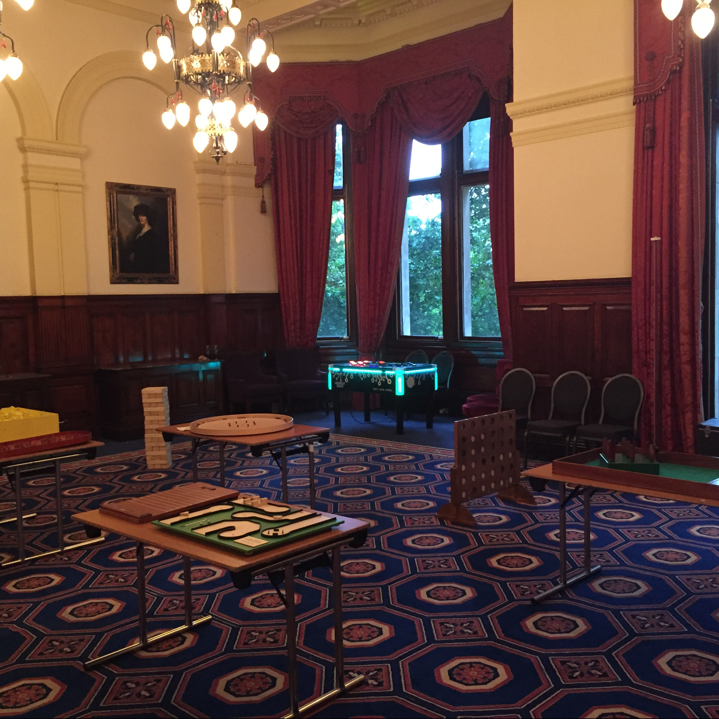 Our range of Table-top Traditional games set up in a hotel room ready for the Wedding evening reception to begin.