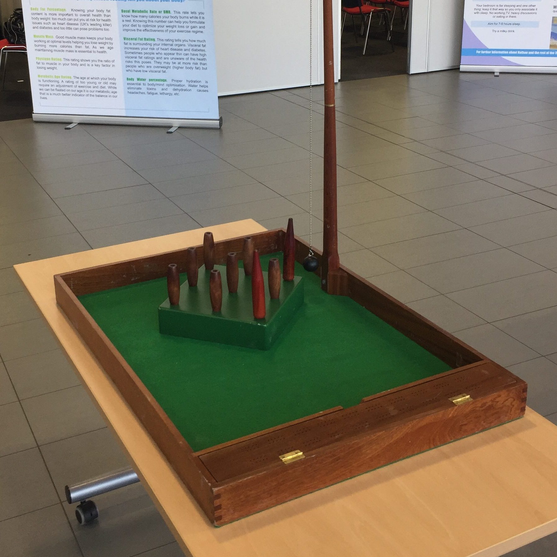 Our Traditional game of Table-top Pub Skittles set up at an indoor event.