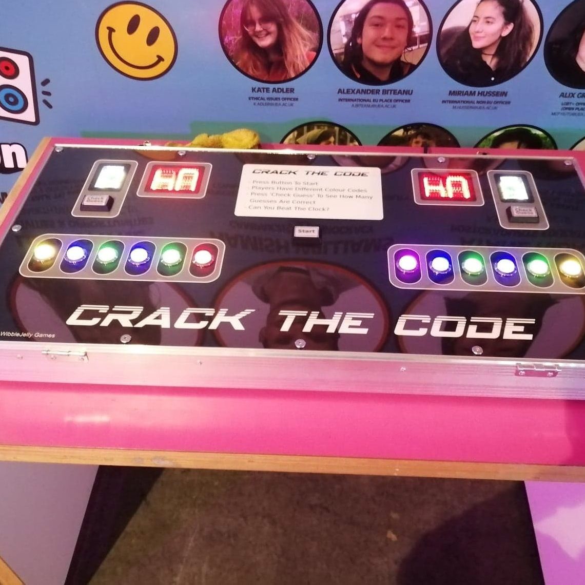 Our Crack the Code Electronic game with lights flashing, set up ready for an indoor event to start.