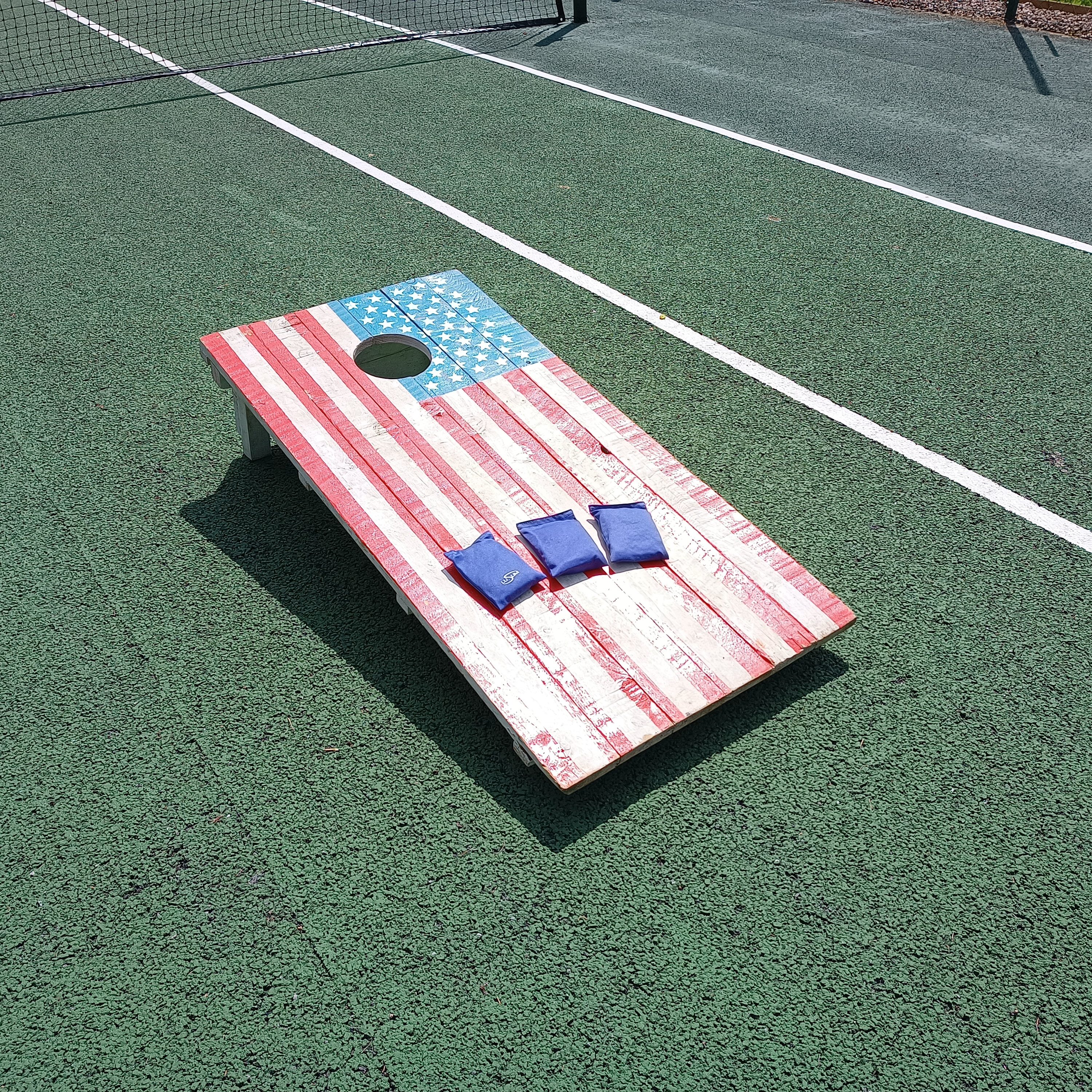 Our bespoke American Flag Cornhole Toss set up ready with beanbags.