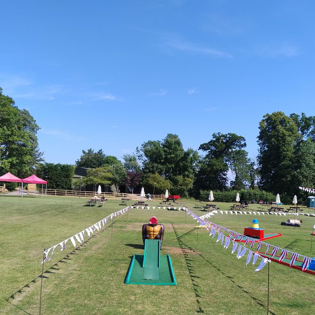 Our one of a kind, special Gorilla Golf Putt Challenge with its green base for you to chip the golf ball into the Gorilla's mouth, and bunting all around.