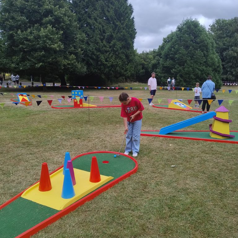 A snapshot of a School Fete with our Crazy Golf ready for use.