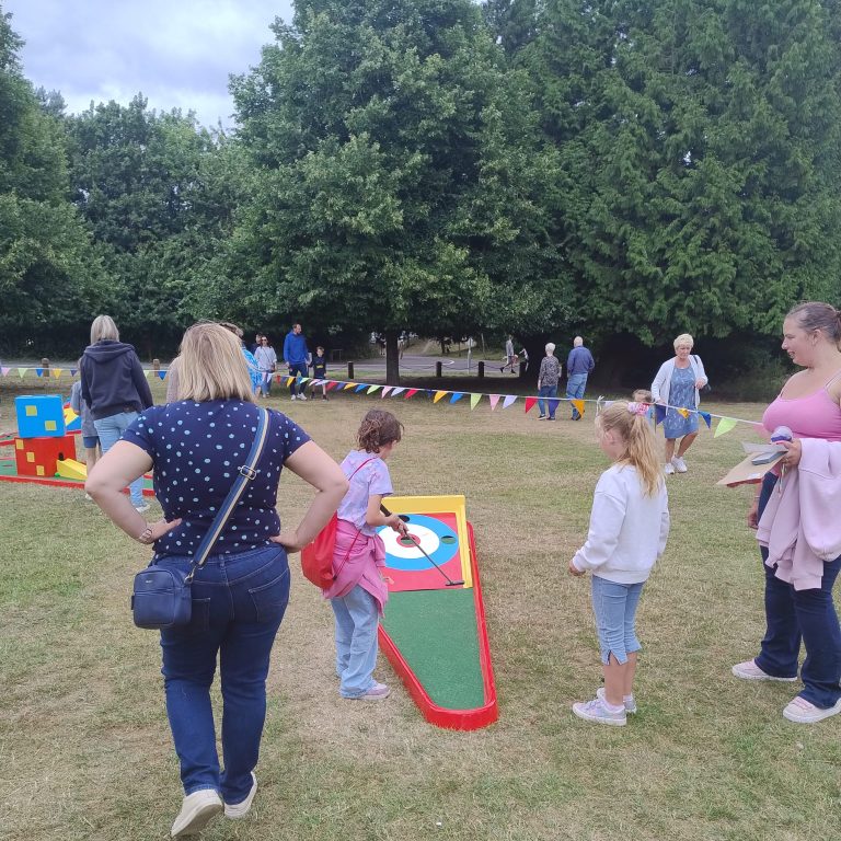 A snapshot of a School Fete with our Crazy Golf ready for use.
