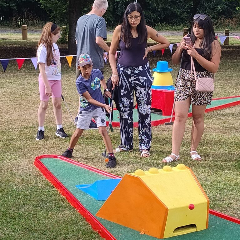A snapshot of a School Fete with our Crazy Golf ready for use.