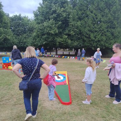 A snapshot of a School Fete with our Crazy Golf ready for use.