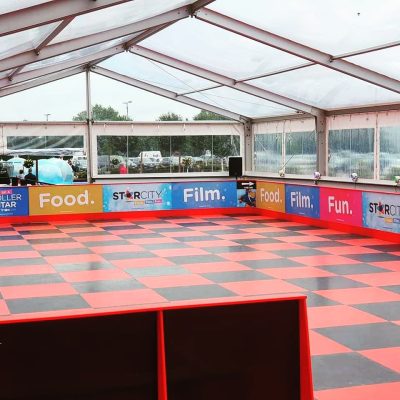 Different coloured vinyl for the flooring of a Roller Rink - colours can suit themes and company logos, with advertising and branding opportunities on the barrriers
