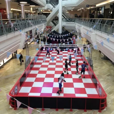 Different coloured vinyl for the flooring of a Roller Rink - colours can suit themes and company logos