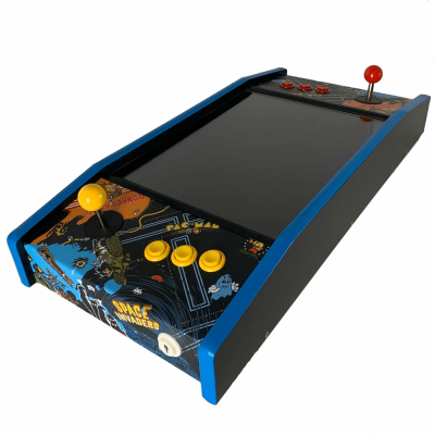 Our Table-top Arcade Game decorated with retro arcade images and bright buttons for one or two players to play.